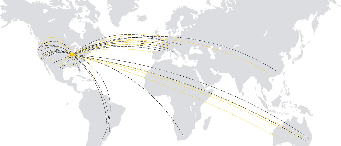a world map with numerous lines extending from Iowa City to various parts of the world