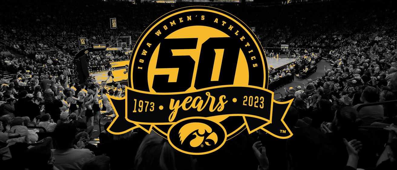 photo of carver-hawkeye arena with a logo marking 50 years of women's athletics at the university of iowa