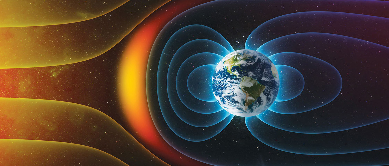 an animation of the interactions between the magnetic fields of the sun and Earth