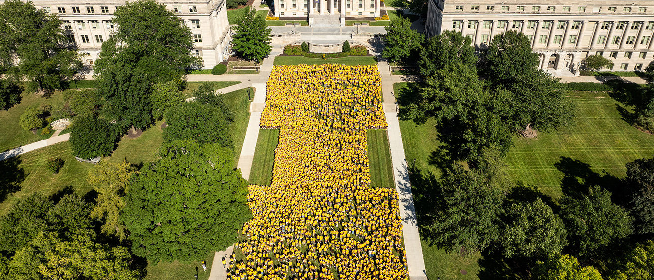 new University of Iowa students form a block I on the west lawn of the Pentacrest on the UI campus