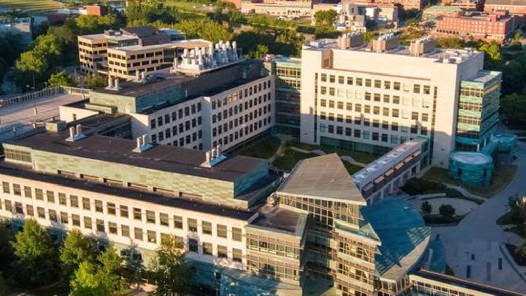 An overhead shot of a large set of buildings