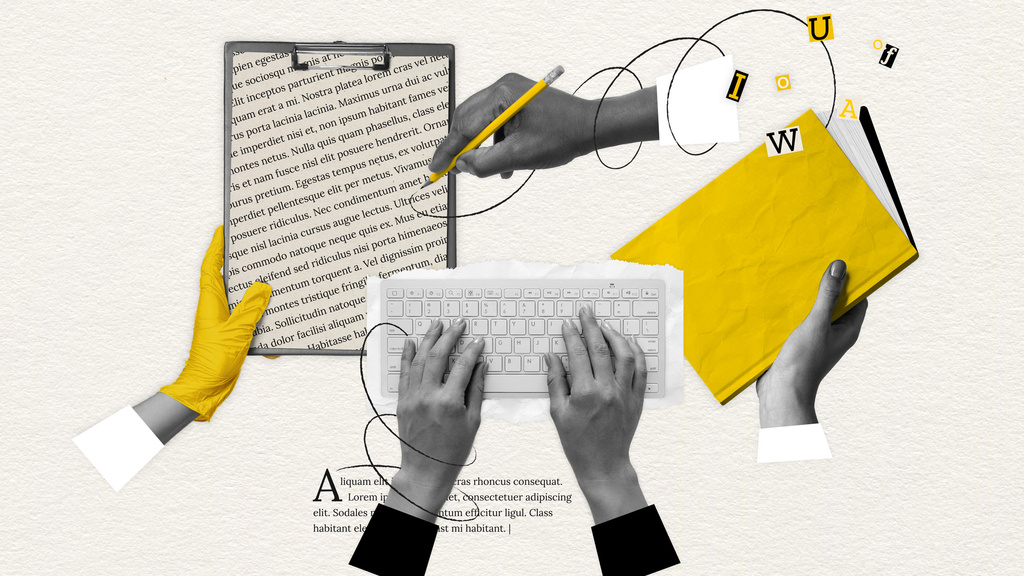 An image of hands writing, typing, and carrying books