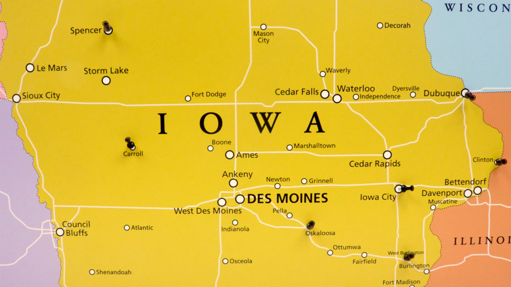 map of iowa with pins in certain towns