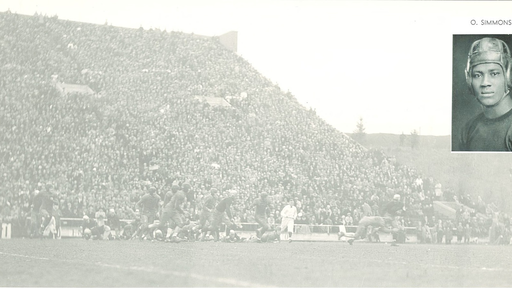 Ozzie Simmons' yearbook photo inset within a photograph from the 1935 football game between Iowa and Minnesota