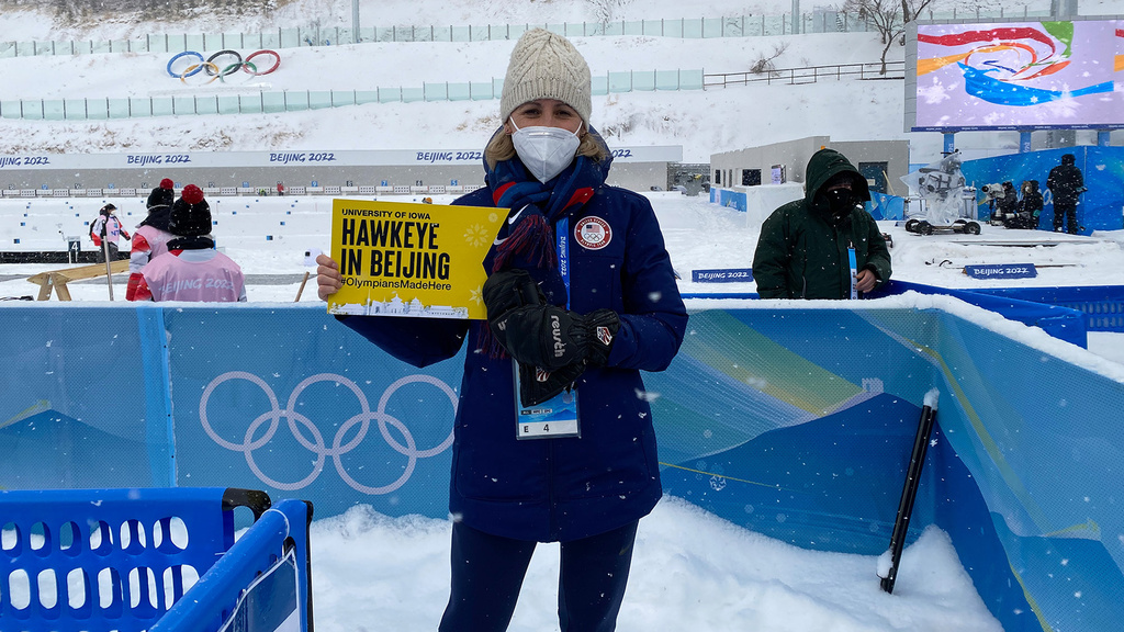 University of Iowa alumna Sarah Wilhelmi posing outdoors at the 2022 Winter Olympics in Beijing