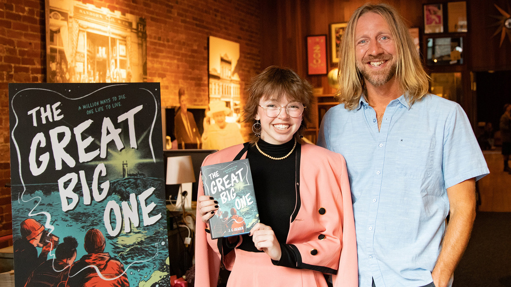 J.C. Geiger stands next to Anna Boyd, the first beta reader of the final draft of Geiger’s latest book, The Great Big One