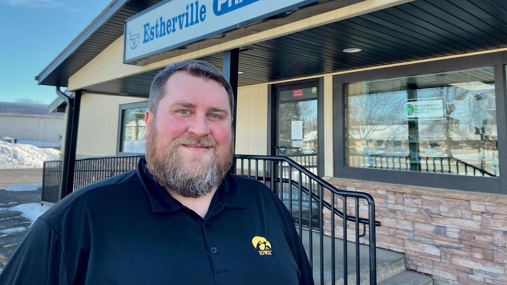 Andy Spurgin stands in front of his pharmacy