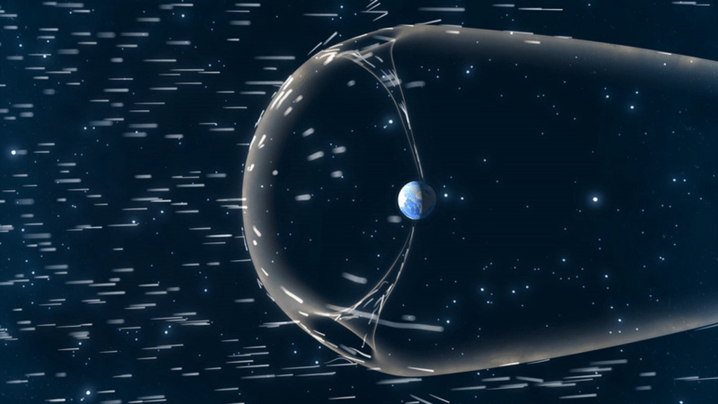 In this animation, the Sun’s magnetic field collides with Earth’s, resulting in dayside, or frontside, magnetic reconnection. The solar wind — waves of dangerous charged particles from the Sun traveling at speeds over 1 million miles per hour shown in orange — push the Sun’s magnetic field (represented by a vertical orange line) toward a collision course with Earth’s magnetic field. When the two meet, there's a tremendous energy release and the magnetic field lines snap and reconnect
