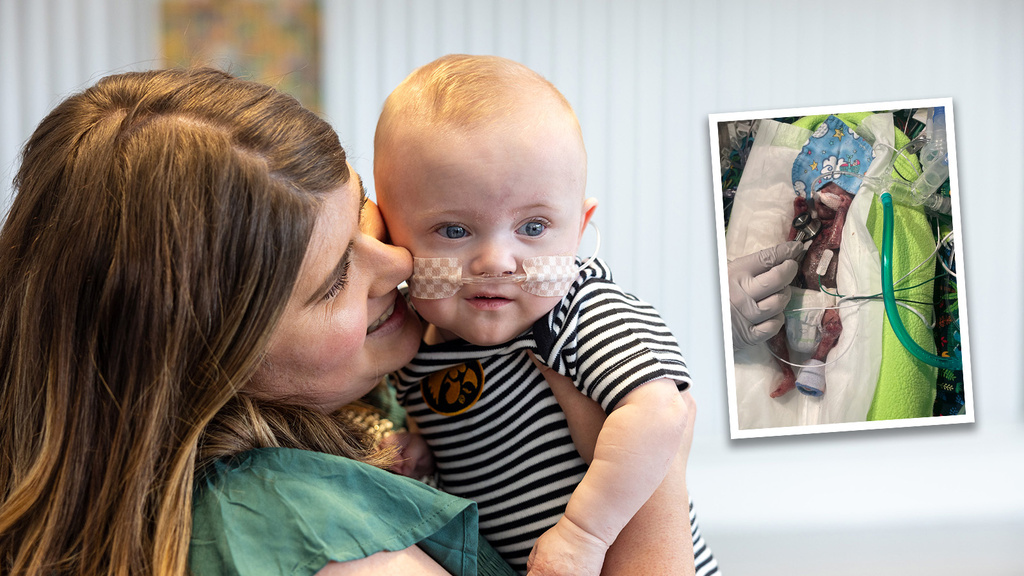 a mother holds her son, and an inset photo shows the same boy at just one week old, weighing around 10 ounces