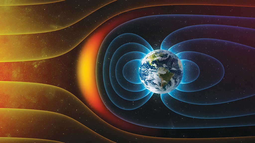 an animation of the interactions between the magnetic fields of the sun and Earth