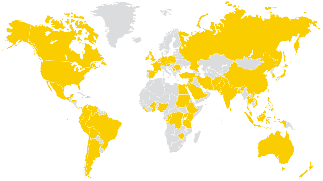 world map with certain countries shaded gold