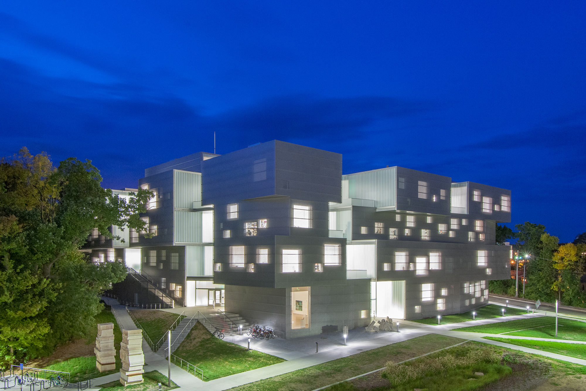 visual arts building exterior at night