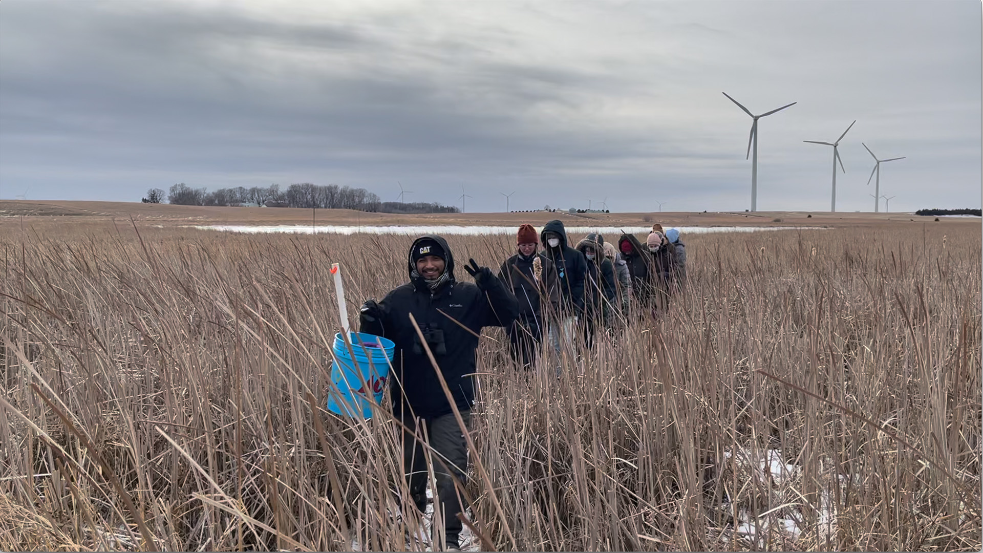 University of Iowa students in a field for their winter ecology course