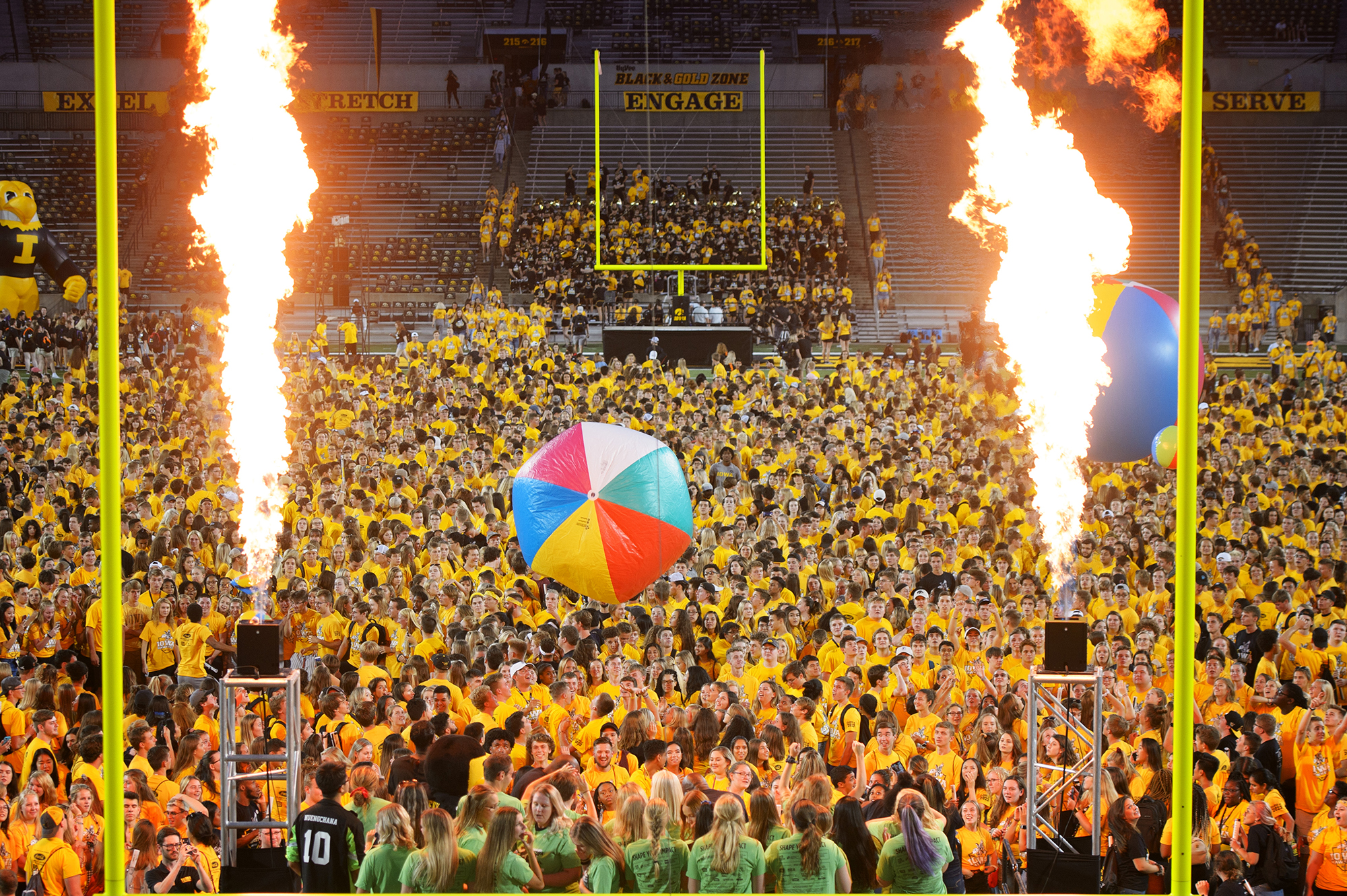 Pyrotechnics blaze during On Iowa! Kickoff at Kinnick